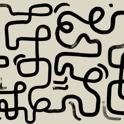 Tapet abstract cu linii negre groase pe un fundal bej deschis, aplicat pe un perete din living