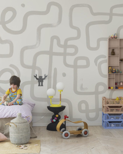 Fototapet decorativ cu linii abstracte gri în camera unui copil