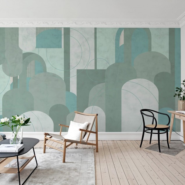 Lovely Arches, Green, tapet cu arce și cercuri suprapuse, design geometric minimalist, culori deschise, ideal pentru living, dormitor sau birou