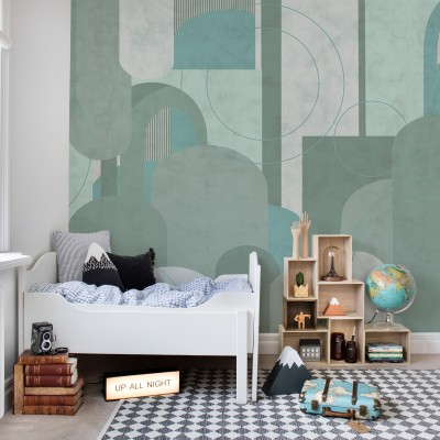 Lovely Arches, Green, tapet cu arce și cercuri suprapuse, design geometric minimalist, culori deschise, ideal pentru living, dormitor sau birou