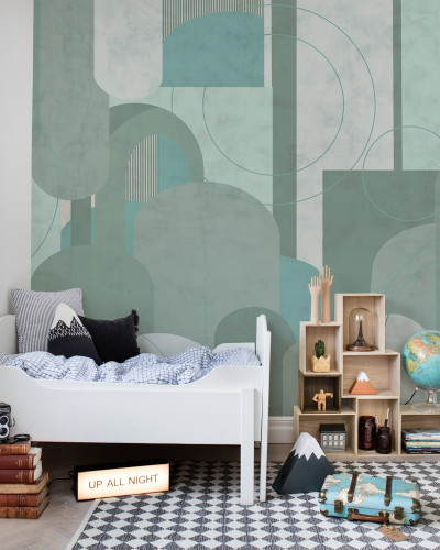 Lovely Arches, Green, tapet cu arce și cercuri suprapuse, design geometric minimalist, culori deschise, ideal pentru living, dormitor sau birou