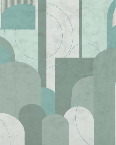 Lovely Arches, Green, tapet cu arce și cercuri suprapuse, design geometric minimalist, culori deschise, ideal pentru living, dormitor sau birou