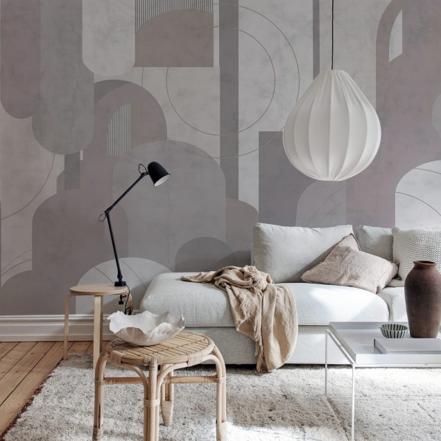 Tapet geometric cu arcuri în nuanțe de gri și roz pal, perfect pentru dormitor sau living