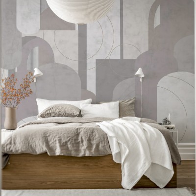 Tapet geometric cu arcuri în nuanțe de gri și roz pal, perfect pentru dormitor sau living