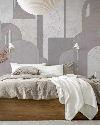Tapet geometric cu arcuri în nuanțe de gri și roz pal, perfect pentru dormitor sau living