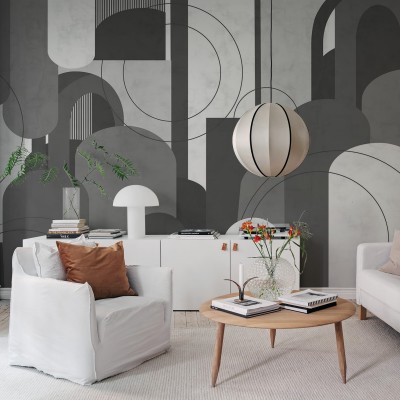 Tapet Lovely Arches, Graphite, cu arce și forme geometrice în nuanțe de gri grafite, decorat cu un candelabru modern și o masă de cafea cu accesorii.