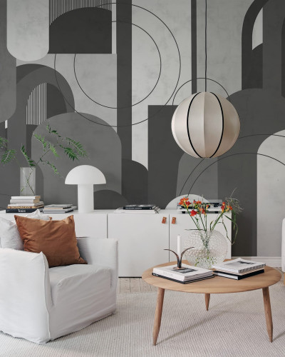 Tapet Lovely Arches, Graphite, cu arce și forme geometrice în nuanțe de gri grafite, decorat cu un candelabru modern și o masă de cafea cu accesorii.