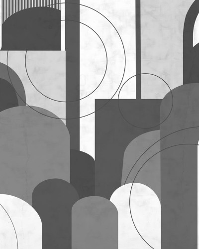 Tapet Lovely Arches, Graphite, cu arce și forme geometrice în nuanțe de gri grafite, decorat cu un candelabru modern și o masă de cafea cu accesorii.