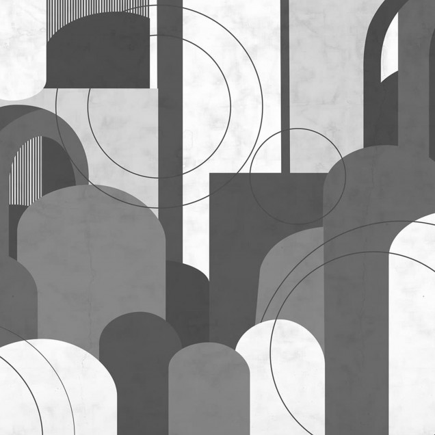 Tapet Lovely Arches, Graphite, cu arce și forme geometrice în nuanțe de gri grafite, decorat cu un candelabru modern și o masă de cafea cu accesorii.