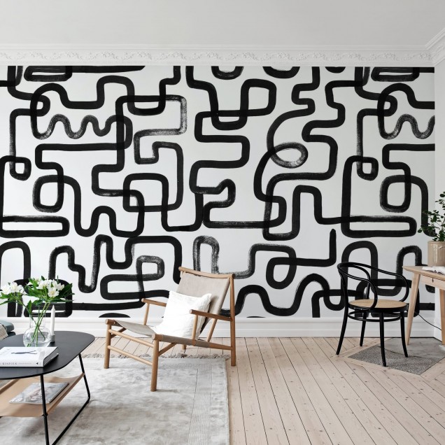 Wallpaper modern cu linii negre groase pe fundal alb