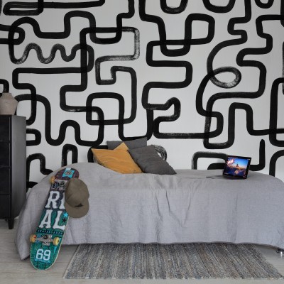 Wallpaper modern cu linii negre groase pe fundal alb
