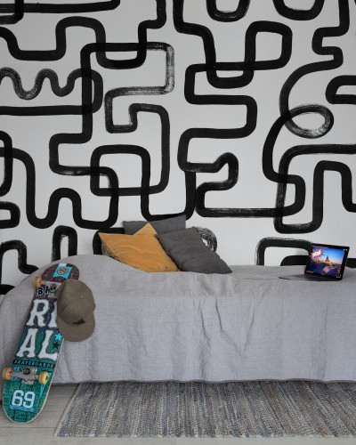 Wallpaper modern cu linii negre groase pe fundal alb