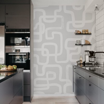 Tapet Artzy Lines, Gray, cu design minimalist și linii grafice subțiri de pe un fond gri deschis.