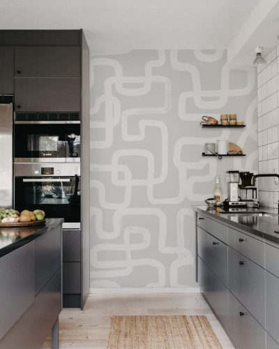 Tapet Artzy Lines, Gray, cu design minimalist și linii grafice subțiri de pe un fond gri deschis.