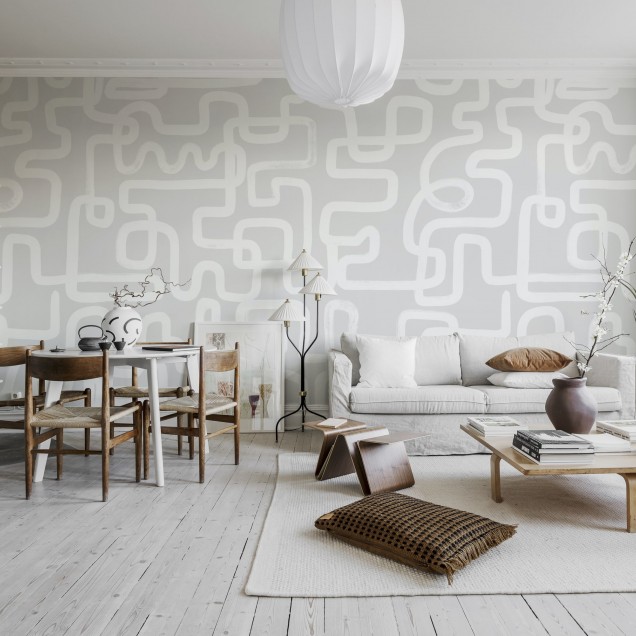 Tapet Artzy Lines, Gray, cu design minimalist și linii grafice subțiri de pe un fond gri deschis.