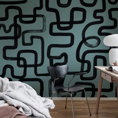 Tapet abstract cu linii negre groase pe un fundal verde petrol