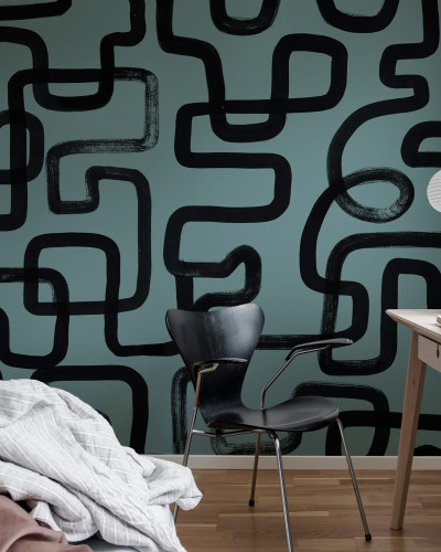Tapet abstract cu linii negre groase pe un fundal verde petrol