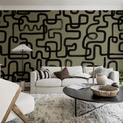 Tapet cu model abstract, linii negre pe fond verde măsliniu