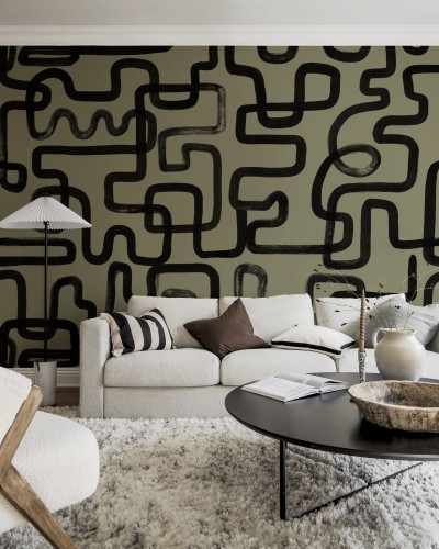 Tapet cu model abstract, linii negre pe fond verde măsliniu