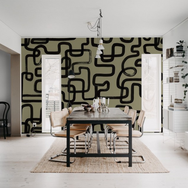 Tapet cu model abstract, linii negre pe fond verde măsliniu