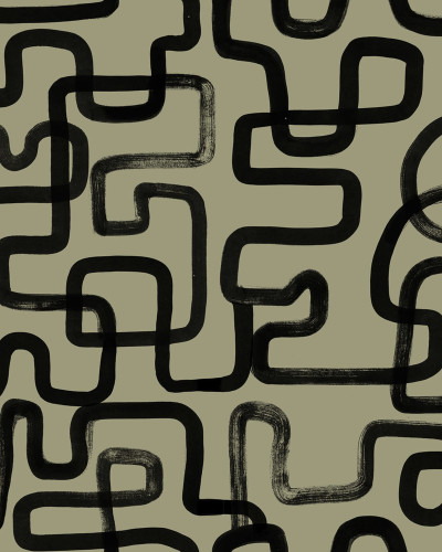 Tapet cu model abstract, linii negre pe fond verde măsliniu