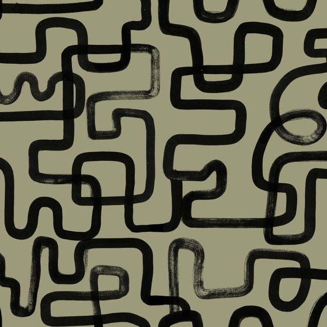 Tapet cu model abstract, linii negre pe fond verde măsliniu