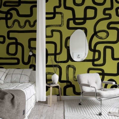 Tapet cu design abstract modern, Artzy Lines, Galben, cu linii negre groase pe un fundal galben vibrant.