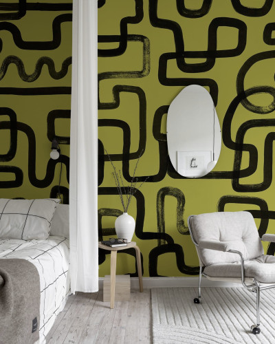Tapet cu design abstract modern, Artzy Lines, Galben, cu linii negre groase pe un fundal galben vibrant.