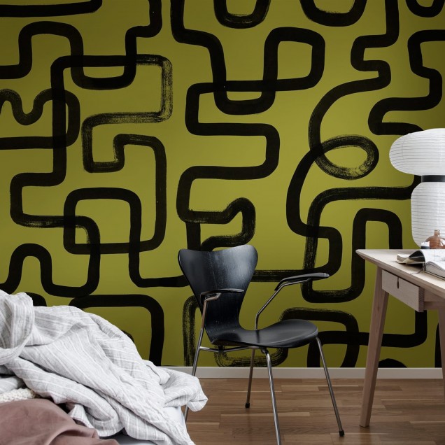 Tapet cu design abstract modern, Artzy Lines, Galben, cu linii negre groase pe un fundal galben vibrant.