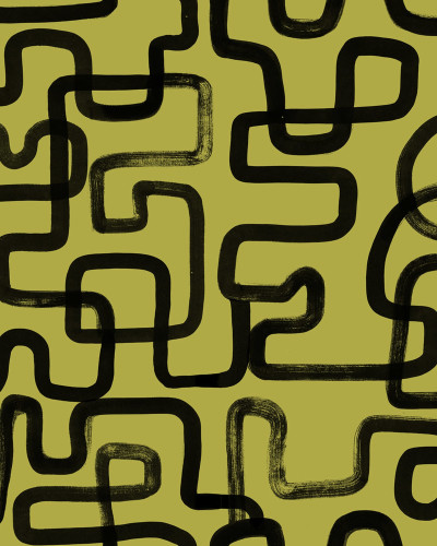 Tapet cu design abstract modern, Artzy Lines, Galben, cu linii negre groase pe un fundal galben vibrant.