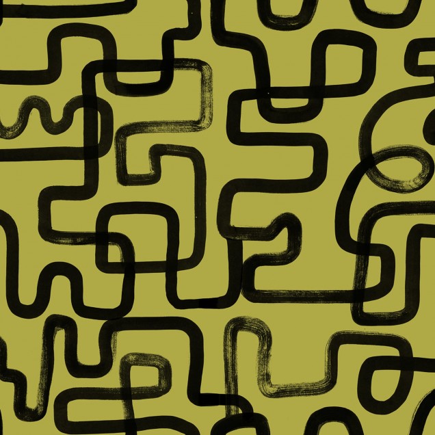 Tapet cu design abstract modern, Artzy Lines, Galben, cu linii negre groase pe un fundal galben vibrant.