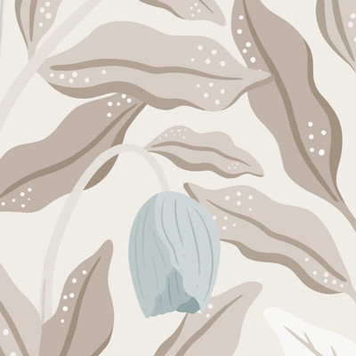 Tapet floral modern cu design elegant, în culori bej și albastru deschis.
