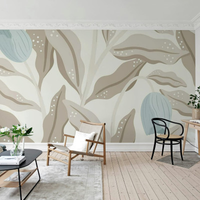 Tapet floral modern cu design elegant, în culori bej și albastru deschis.