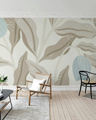 Tapet floral modern cu design elegant, în culori bej și albastru deschis.