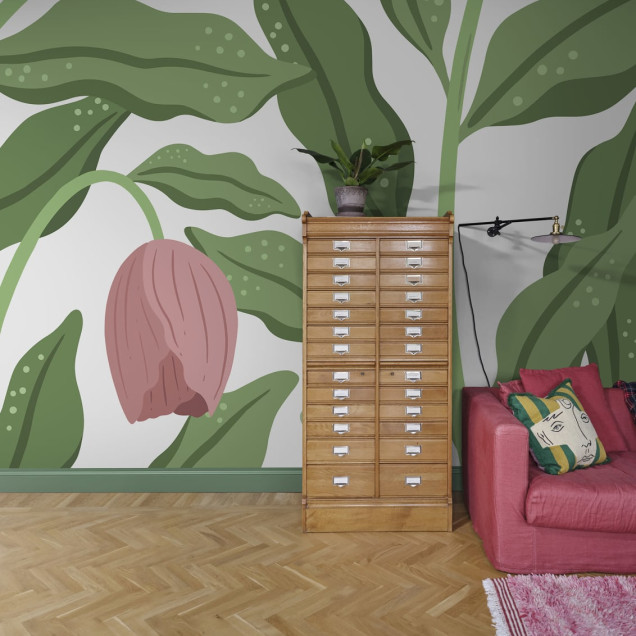 Tapet Floral Cool Flora, Alb & Roz, cu un design modern și vibrant.
