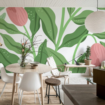 Tapet Floral Cool Flora, Alb & Roz, cu un design modern și vibrant.