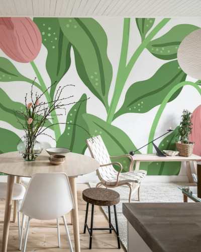 Tapet Floral Cool Flora, Alb & Roz, cu un design modern și vibrant.