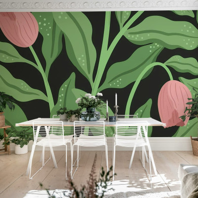 Tapet floral modern cu flori roz pudrat pe fundal negru
