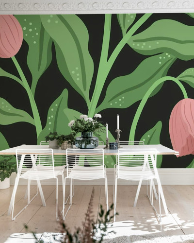 Tapet floral modern cu flori roz pudrat pe fundal negru