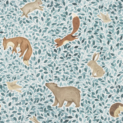 Tapet Lullaby, Blue, cu design de frunze, urși, iepuri, veverițe și arici.