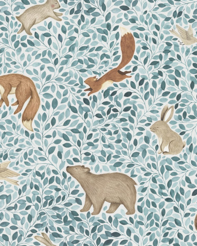 Tapet Lullaby, Blue, cu design de frunze, urși, iepuri, veverițe și arici.