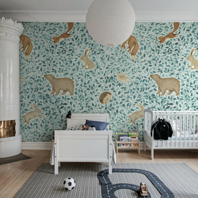 Tapet Lullaby, Blue, cu design de frunze, urși, iepuri, veverițe și arici.