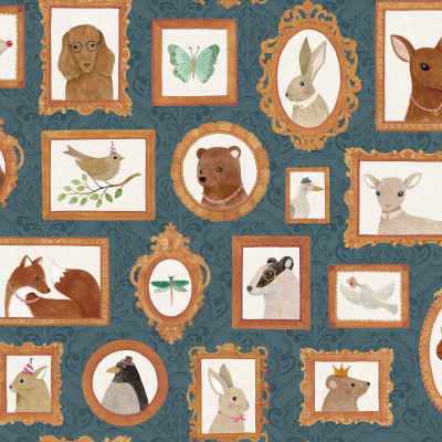 Tapet Pet Frames albastru închis cu rame aurii și animale adorabile în interiorul lor.