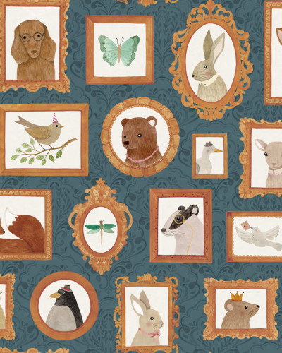 Tapet Pet Frames albastru închis cu rame aurii și animale adorabile în interiorul lor.