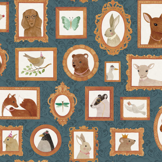Tapet Pet Frames albastru închis cu rame aurii și animale adorabile în interiorul lor.