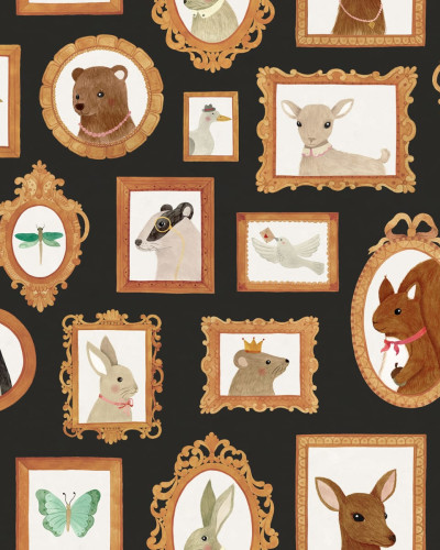 Tapet Pet Frames, Negru cu rame aurii si animale adorabile