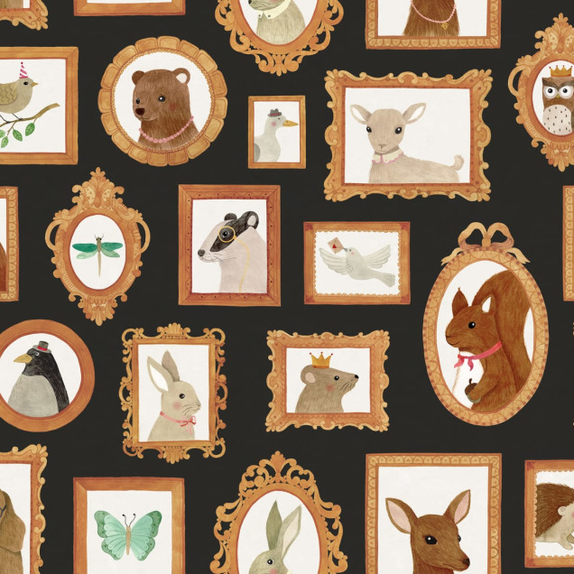 Tapet Pet Frames, Negru cu rame aurii si animale adorabile