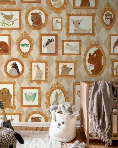 Tapet Pet Frames, Harlequin cu animale drăguțe în rame aurii.