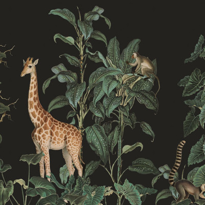 Tapet cu girafe și maimuțe în mijlocul unei vegetații luxuriante pe un fundal negru.