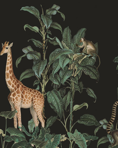 Tapet cu girafe și maimuțe în mijlocul unei vegetații luxuriante pe un fundal negru.
